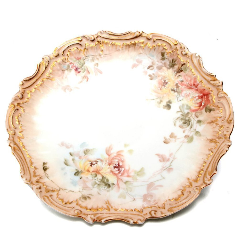 Antique Coiffe Limoges France Porcelain Floral Gold Gilt Platter Dish 1891-1914